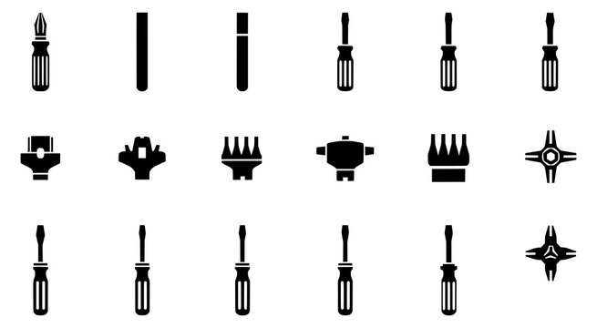 Black and white icons of various screwdrivers and bits