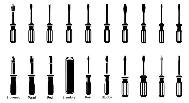 Black and white illustration of various screwdrivers