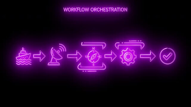 Neon-lit workflow orchestration process with glowing purple icons on a black background.