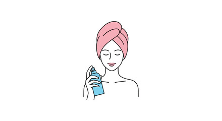 Obraz premium Woman applying skincare product in minimalist line art with soft pink and blue colors in simple illustration for beauty advertising