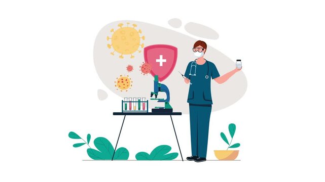 Doctor developing vaccine with microscope and virus icons in lab animation