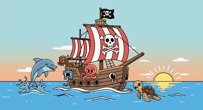 Cartoon pirate ship sailing at sunset with playful marine animals