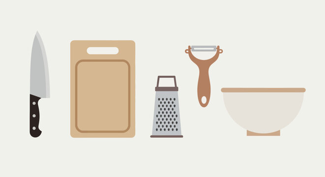 Kitchen Utensils Flat Lay: Knife, Cutting Board, Grater, Peeler, Bowl