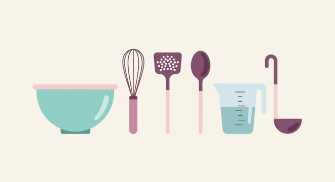 Kitchen Utensils Flat Design: Bowl, Whisk, Spatula, Spoon, Measuring Cup, Ladle
