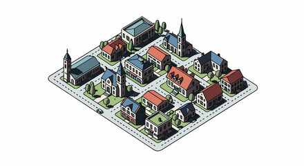 Obraz premium Isometric view of a stylized small town with churches and houses