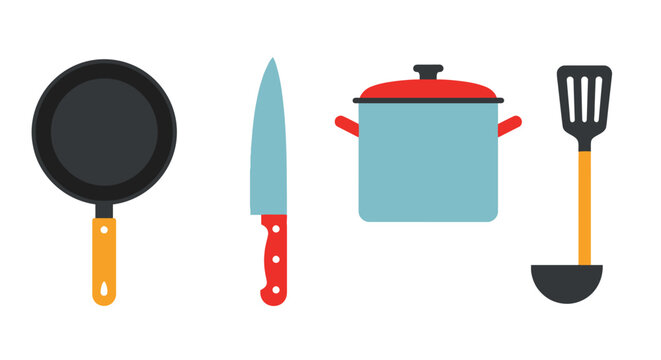 Kitchen Utensils Set: Frying Pan, Knife, Pot, Spatula, Ladle - Flat Design