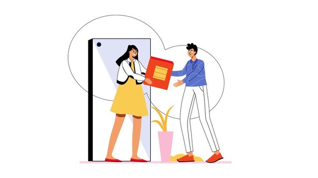 Animated flat illustration of coworkers exchanging document by doorway