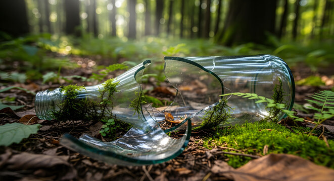 Broken glass bottle with greenery in forest setting on ground  