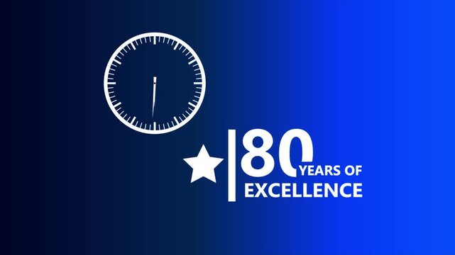 80 anniversary blue gradient badge with clock icon and star symbol representing corporate milestone achievement clean modern professional branding design 4k visuals