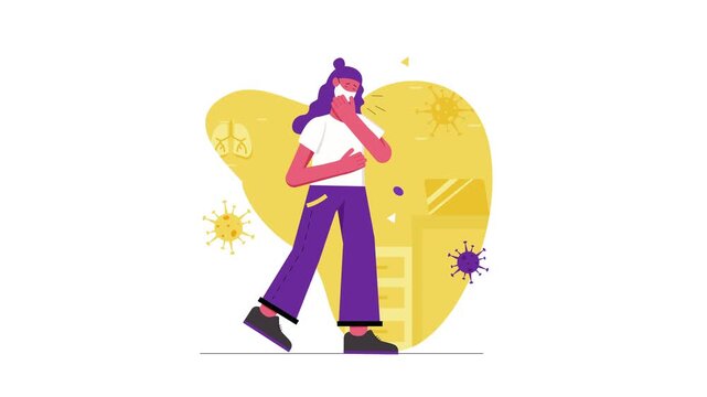 Animated woman wearing face mask coughing amid virus particles illustration