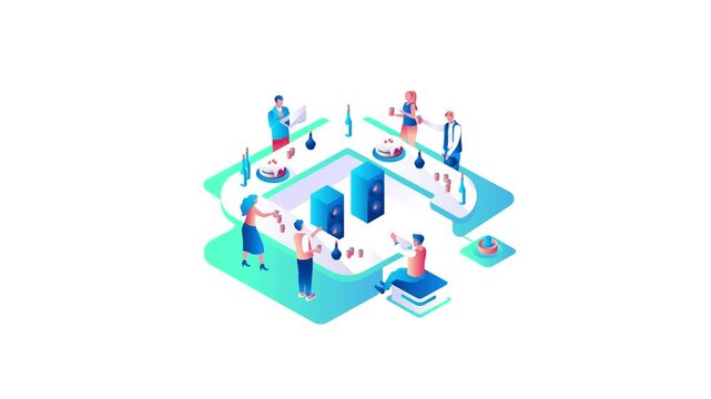 Isometric animation of people celebrating around a platform with drinks and cake