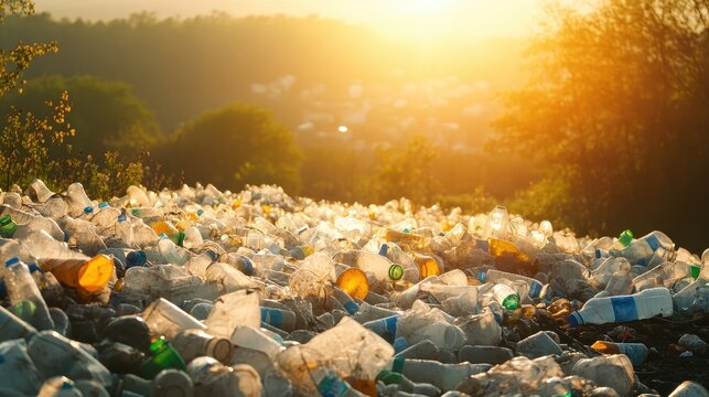 Sunlight illuminates vast landfill overflowing with plastic bottles, highlighting environmental pollution and waste management challenges