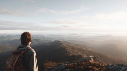 Fototapeta premium Person standing on top of a mountain, overlooking a vast landscape. the person is wearing a backpack and has their back to the camera, looking out at the view.