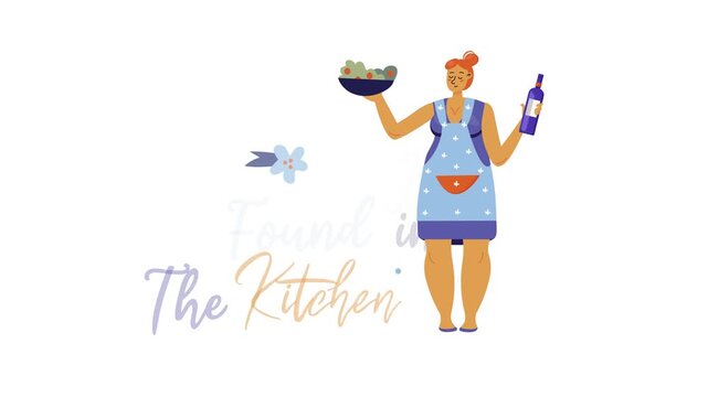 Animated illustration of cheerful woman with wine bottle and salad bowl