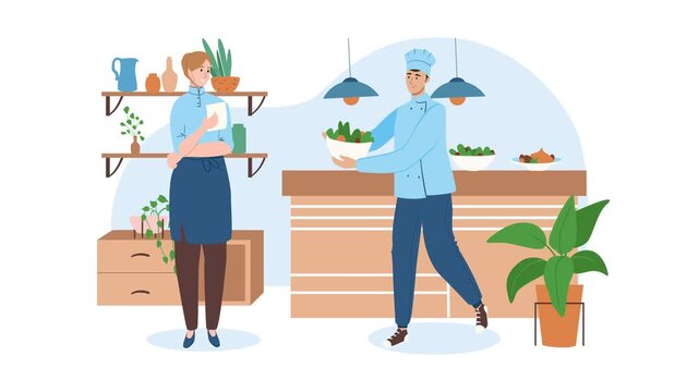 Animated restaurant chefs in modern kitchen with fresh ingredients
