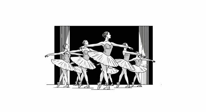 Six ballerinas in tutus perform a synchronized dance on stage