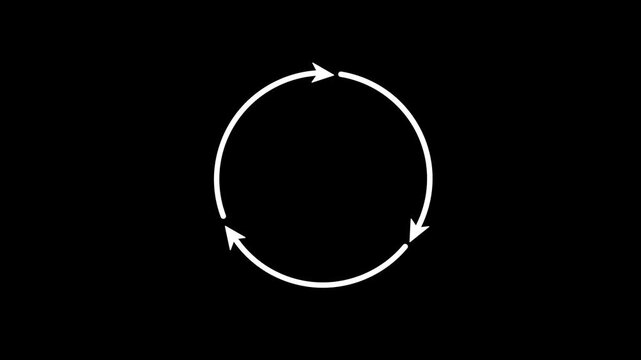 Minimalist white circular process three arrows animation on a black background showing rotation, cycle, update, sync, workflow