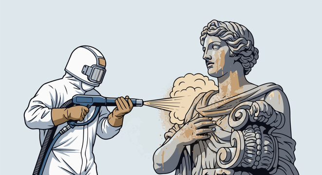 Worker in suit cleans ancient statue with sandblaster