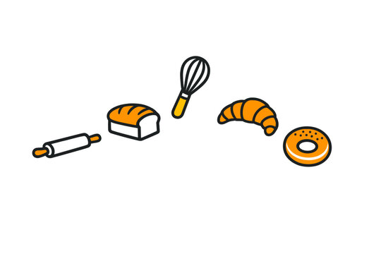Different types of baked goods and tools arranged on a white background for a simple culinary scene