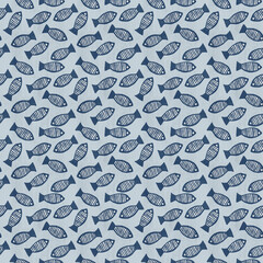 Naklejka premium Tossed fish Pattern, hand drawn, minimal modern coastal nautical block print in soft blue and white