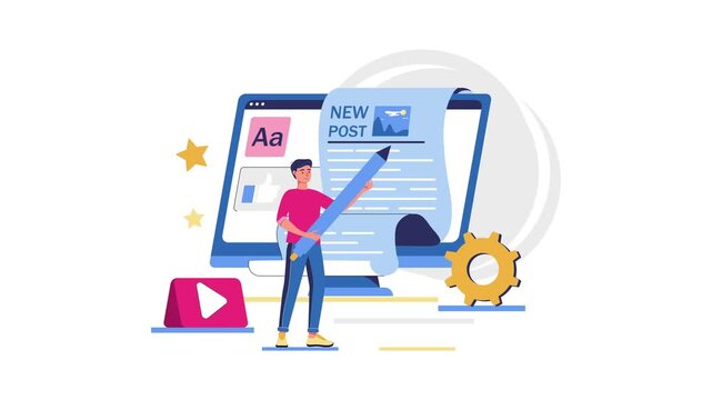 Social media content creation animation with blogger and new post screen