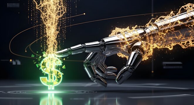 Robotic finger breaking a green dollar symbol surrounded by energy sparks and digital data codes.