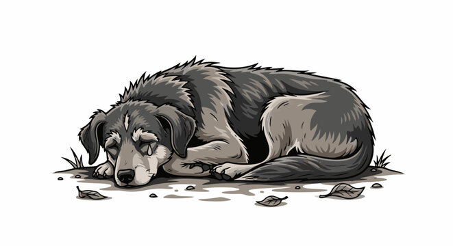A grayscale illustration of a dog with a tear on its cheek, resting on the ground
