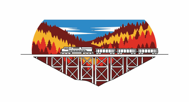 Train crosses a forested mountain landscape on a bridge
