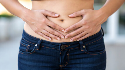 Fototapeta premium Young woman holding stomach in discomfort wearing blue jeans close-up