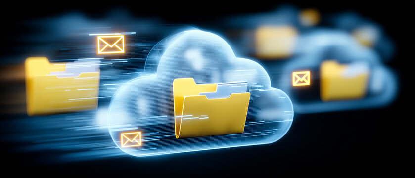 Cloud storage with moving yellow folders and email icons on black background  