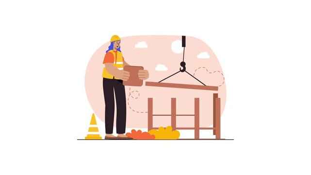 Female construction worker guiding crane lift on construction site animation