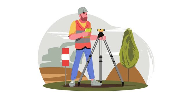 Land surveyor using tripod theodolite at construction site, vector art