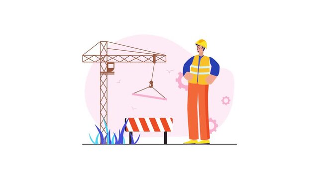 Construction worker beside crane and barrier in flat animated illustration