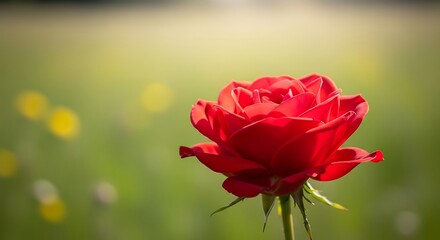Fototapeta premium Radiant Red Rose Blooming in Sunlit Garden Beauty Nature Floral Symbol Delicate Petals Springtime Blossom