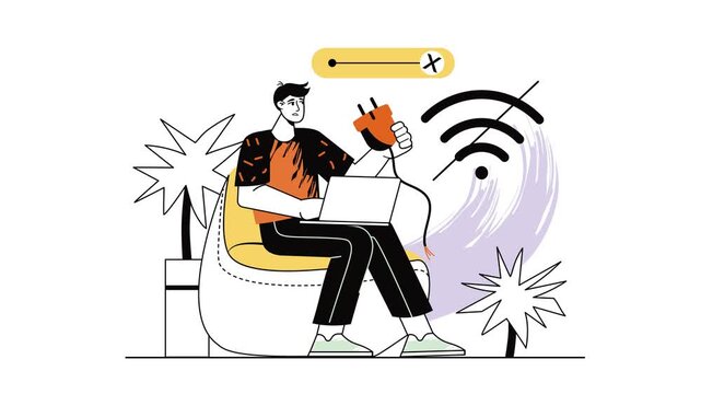 Animated man working on laptop with unplugged cable and Wi-Fi icon