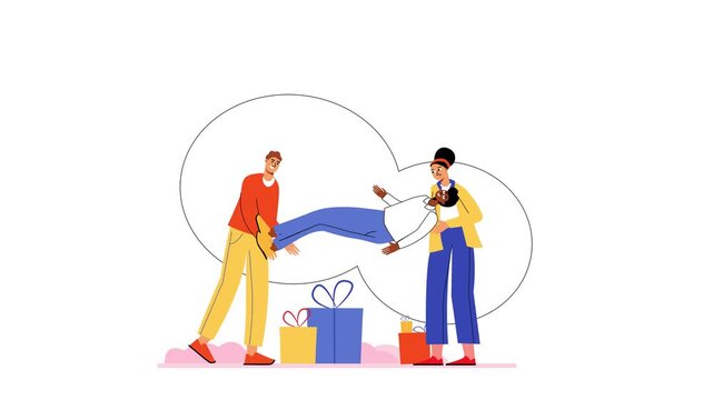 Flat animation of diverse people celebrating with gift boxes and speech bubbles