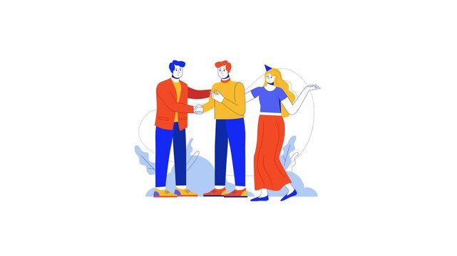 Animated diverse team shaking hands and celebrating a new partnership