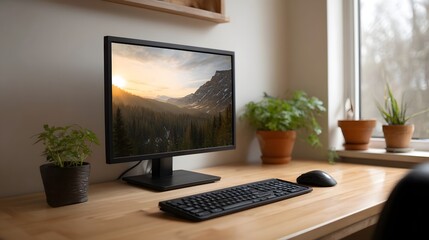 Fototapeta premium A clean home office desk setup featuring a computer monitor displaying a mountain sunset landscape alongside potted plants and a window