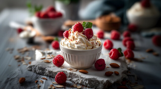 Creative food template, Small bowl of Greek Honey Yogurt with surrounded with almond slices, raspberry fruit on stone slab. copy text space. Long banner