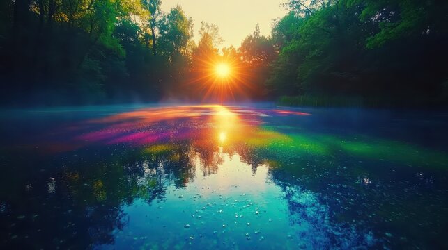 Vibrant toxic algae bloom glowing under a bright sun on a misty forest pond reflecting vivid colors