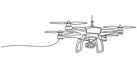 Obraz premium A single continuous line drawing of a modern quadcopter drone flying through the open air space
