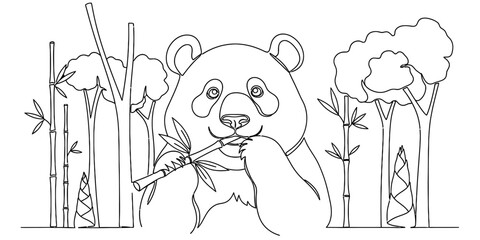 A detailed coloring page illustration of a cute giant panda eating a stalk of fresh green bamboo © Ponchomy