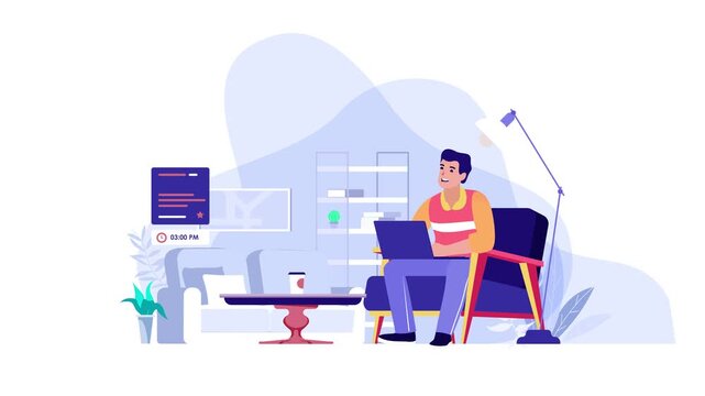 Flat vector animation of man working on laptop in modern living room