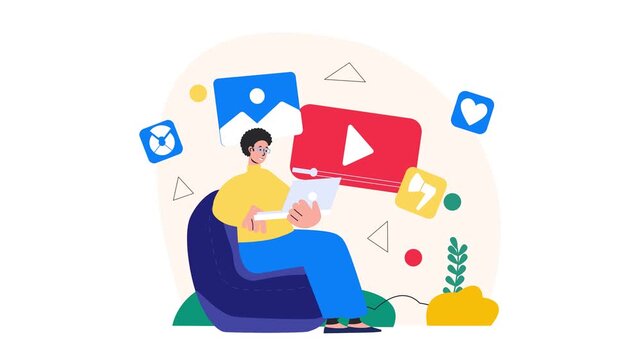 Animated social media creator working on laptop in cozy studio