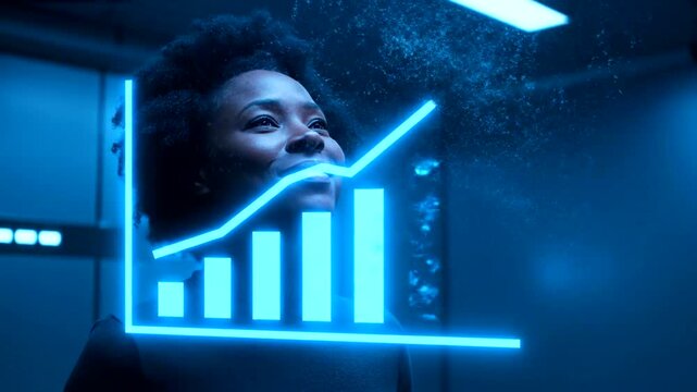 Woman analyzing data on a futuristic interface with a blue neon graph.