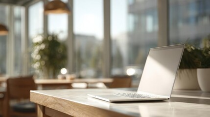 Fototapeta premium Laptop on a wooden table in a modern office or cafe. the laptop is open and the screen is blank, suggesting that it is not working.