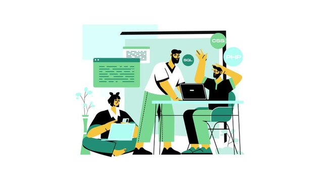 Vector illustration of web development team coding with CSS, PHP, SQL