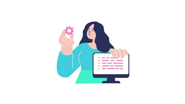 Woman coding with gear and computer screen flat animation on white