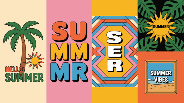 A vibrant collage displays the word summer in various styles alongside tropical elements like palm trees and a bright yellow sun high quality professional detailed modern