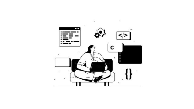 Animated woman coding on laptop with programming icons and code